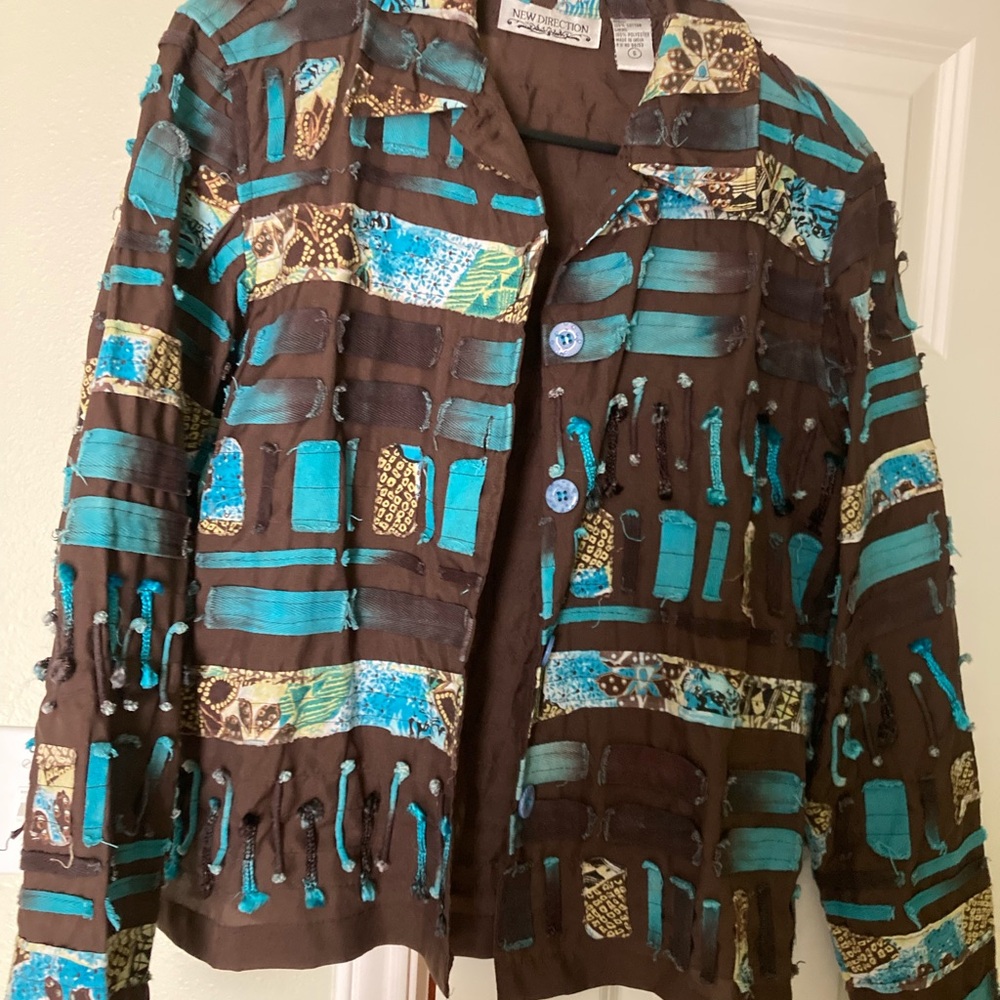 New Directions Brown and Teal Patterned Blazer